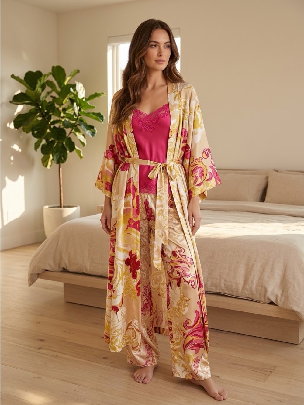 NWT SOMA Sensual 3PC 100% Silk Kimono Robe Cami Satin Pant Set Small S/M ($296)